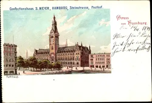 Litho Hamburg Mitte Altstadt, Konfektionshaus S. Meier, Steinstrasse, Posthof, Rathaus