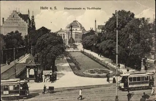 Ak Halle an der Saale, Altepromenade mit Stadttheater, Straßenbahn