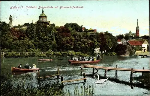 Ak Kröllwitz Halle an der Saale, Bergschänke, Bismarckdenkmal, Bootspartie