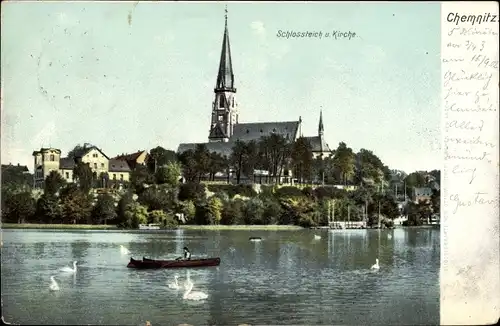 Ak Chemnitz, Schlossteich und Kirche, Ruderboot, Schwäne