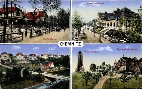 Ak Chemnitz in Sachsen, Waldschänke, Küchwaldschänke, Bismarckturm, Bismarckschlösschen