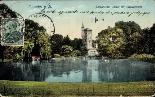 Ak Frankfurt am Main, Zoologischer Garten mit Aussichtsturm, Teich