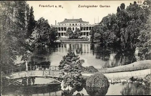 Ak Frankfurt am Main, Partie im Zooglogischen Garten, Teich, Brücke