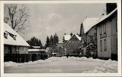 Ak Elend Oberharz am Brocken, Straßenpartie, Winter, Schnee, Hartmann Hotel