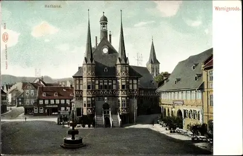 Ak Wernigerode am Harz, Rathaus, Außenansicht, Brunnen