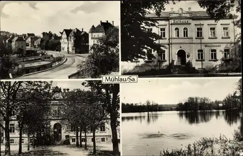 Ak Mühlau in Sachsen, Rathaus, See, Schule, Ortspartie
