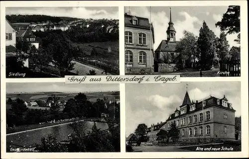 Ak Dittersdorf Amtsberg im Erzgebirge, Siedlung, Kirche, Gemeindebad, Schule