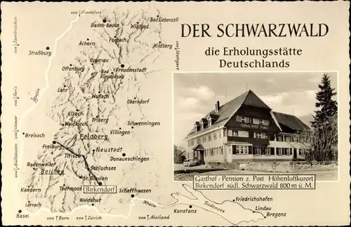 Ak Birkendorf im Schwarzwald Baden Württemberg, Gasthof Pension Zur Post, Außenansicht, Karte