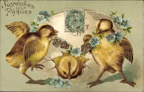 Präge Ak Glückwunsch Ostern, Küken, Osterei, Blumen