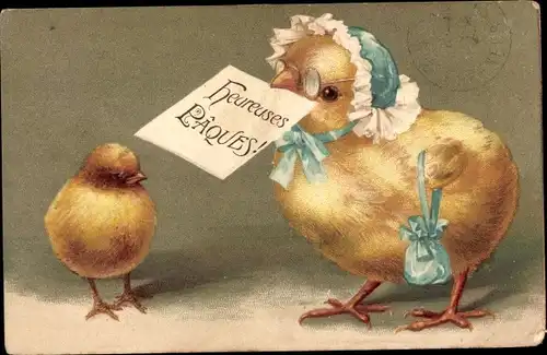 Präge Litho Glückwunsch Ostern, Küken, Familie, Handtasche, Brief
