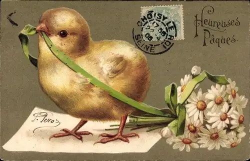 Präge Litho Glückwunsch Ostern, Küken, Margeriten