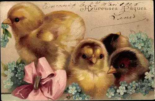 Präge Litho Glückwunsch Ostern, Küken, Schleife, Vergissmeinnicht