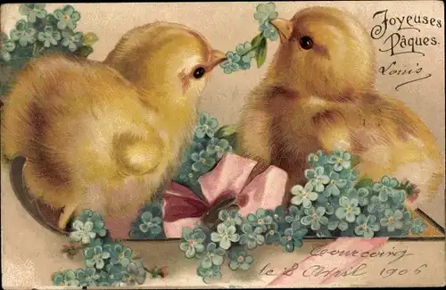 Litho Glückwunsch Ostern, Küken kämpfen um Blumen, Vergissmeinnicht