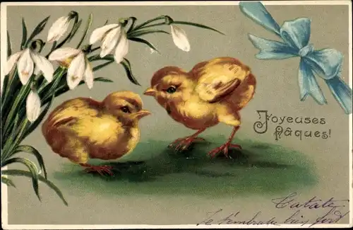 Präge Ak Glückwunsch Ostern, Küken, Schleife, Schneeglocken