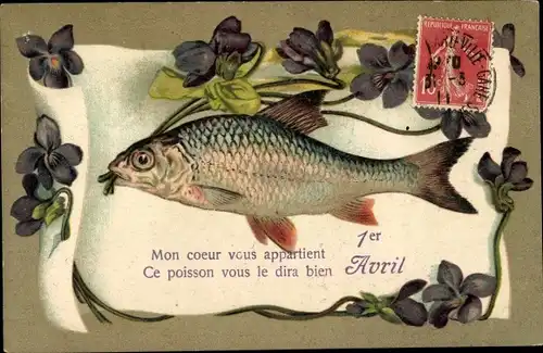 Präge Ak Glückwunsch 1. April, Fisch, Veilchen, Mon coeur vous appartient...