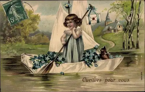 Präge Ak Mädchen im Ruderboot, Vergissmeinnicht