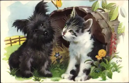 Ak Schwarzer Hund und Katze, Fass, Blumen, Schmetterling