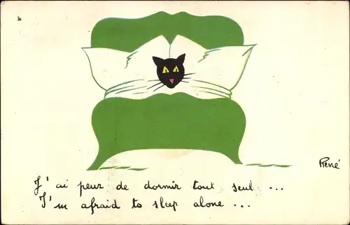Künstler Ak Schwarze Katze im Bett, Kissen