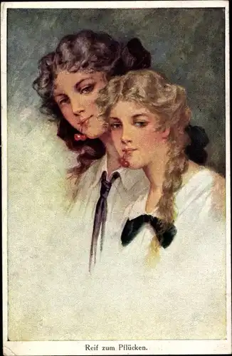 Ak Reif zum Pflücken, junge Damen, Kirschen im Mund