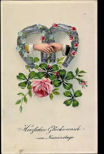 Ak Glückwunsch Namenstag, Händedruck, Glücksklee, Hufeisen, Rose