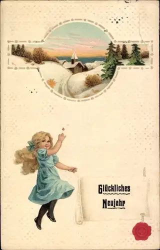 Präge Ak Glückwunsch Neujahr, Mädchen in Kleid, Dorfpartie, Tannenbäume