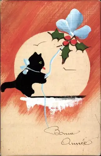 Ak Glückwunsch Neujahr, Schwarze Katze, Stechpalme