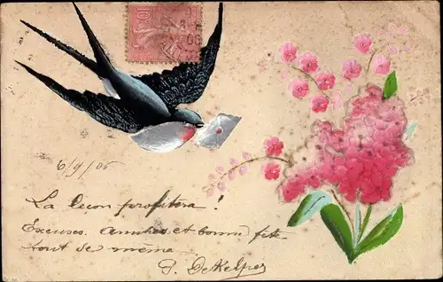 Stoff Ak Schwalbe mit Brief, Blumen