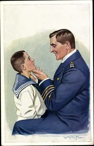 Künstler Ak Ganz der Papa, Kapitän in Uniform mit seinem Sohn im Matrosenanzug