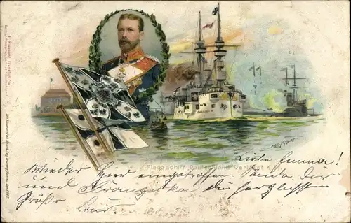 Künstler Litho Stöwer, Willy, Deutsches Kriegsschiff, SMS Deutschland, Flaggschiff, Prinz Heinrich