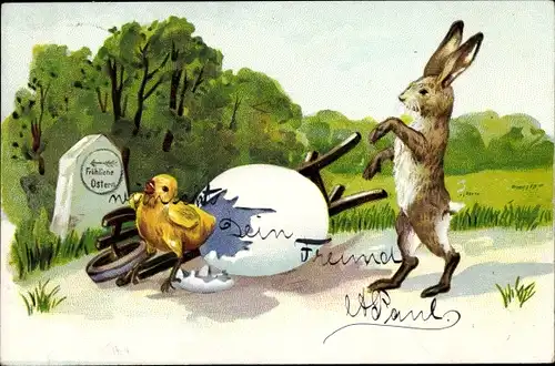 Präge Litho Glückwunsch Ostern, Küken ist geschlüpft, Osterhase, Schubkarre