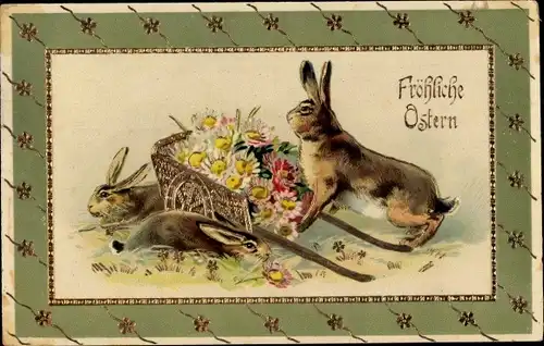 Präge Litho Glückwunsch Ostern, Hasen und Handkarren mit Gänseblümchen