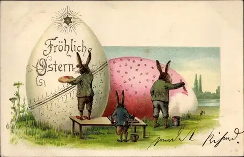 Litho Glückwunsch Ostern, Hasen bemalen Ostereier