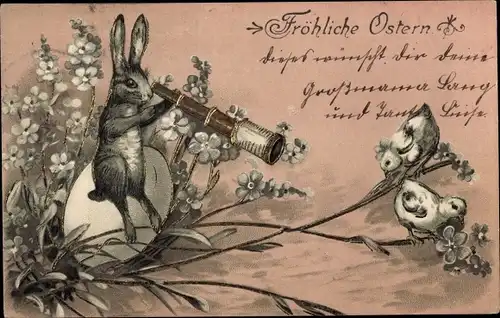 Präge Litho Glückwunsch Ostern, Hase mit Fernrohr auf einem Ei, Küken