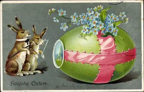 Litho Glückwunsch Ostern, Vermenschlichte Hasen, Osterei