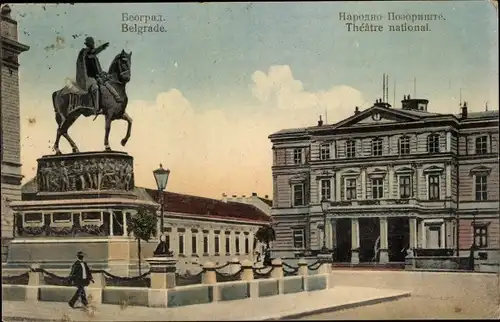 Ak Beograd Belgrad Serbien, Le Theatre national, Denkmal