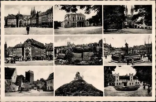Ak Cheb Eger Region Karlsbad, Stadtansichten, Brunnen, Denkmal