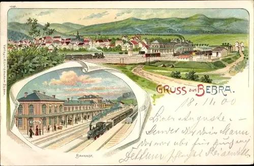 Litho Bebra an der Fulda in Hessen, Totalansicht der Ortschaft, Bahnhof, Gleisseite, Dampflok