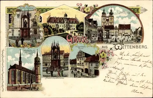 Litho Lutherstadt Wittenberg, Lutherhaus, Marktplatz, Denkmal, Schlosskirche, Melanchthonhaus