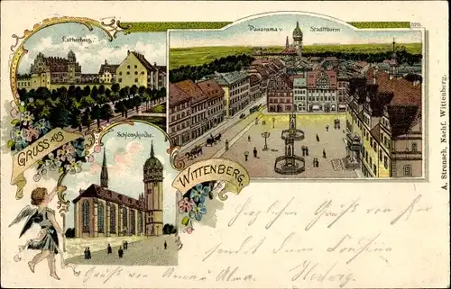 Litho Lutherstadt Wittenberg, Panorama vom Stadtturm, Lutherhaus, Schlosskirche