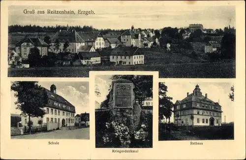 Ak Reitzenhain Marienberg im Erzgebirge, Gesamtansicht, Schule, Rathaus, Kriegerdenkmal