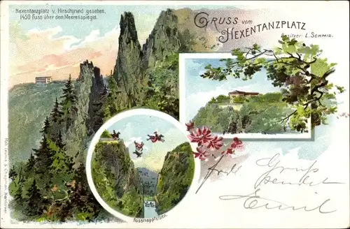 Litho Thale im Harz, Hexentanzplatz, Inh. L. Schmid, Blick vom Hirschgrund, Rosstrappfelsen