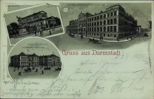 Mondschein Litho Darmstadt in Hessen, Theater, Denkmal, Technische Hochschule, Akademie