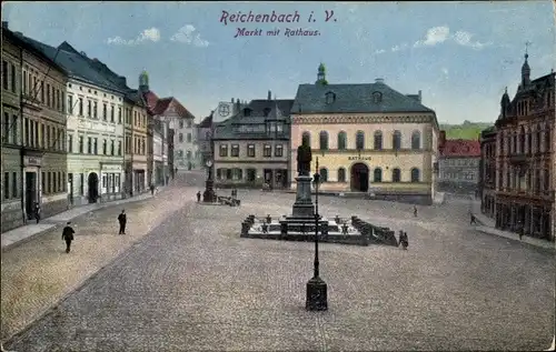 Ak Reichenbach Vogtland, Markt mit Rathaus und Denkmal