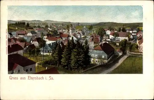 Ak Ebersbach Neugersdorf, Blick auf den Ort, Straße, Felder, Häuser