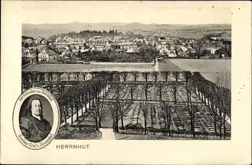 Ak Herrnhut in der Oberlausitz, Panorama, Stadtgründer Nicolaus Graf v. Zinzendorf