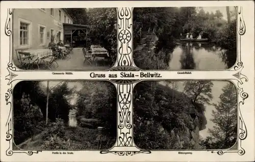 Jugendstil Ak Skala Bellwitz Löbau, Gemauerte Mühle, Gondelfahrt, Rittersprung