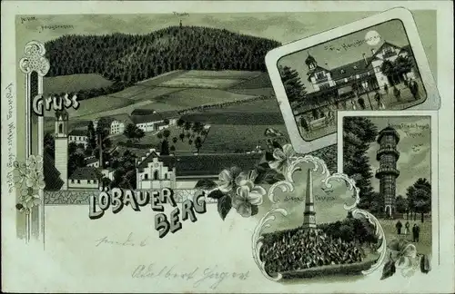 Mondschein Litho Löbau in Sachsen, Löbauer Berg, Honigbrunnen, Siegesdenkmal, Turm