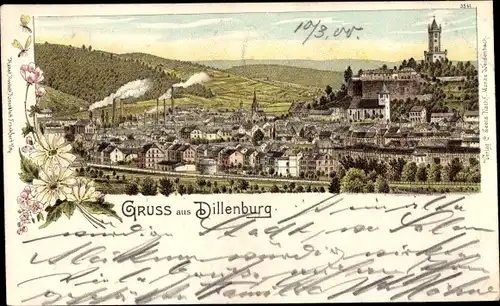 Litho Dillenburg in Hessen, Totalansicht der Ortschaft