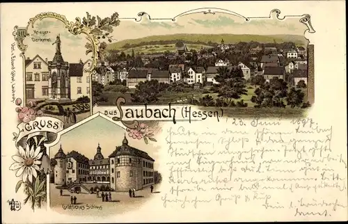 Litho Laubach in Hessen, Kriegerdenkmal, Gräfliches Schloss, Blick auf den Ort