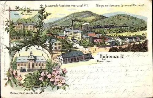 Litho Hohe Mark Hohemark Oberursel im Taunus Hessen, Spinnerei, altes und neues Restaurant